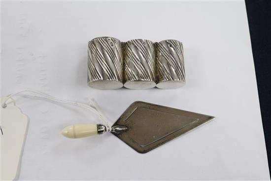 An early 20th century Russian 84 zolotnik silver triple coin case, 63mm and a late Victorian silver ivory handle trowel book mark.